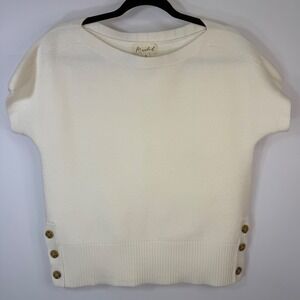 Marled Womens Ivory Ribbed Knit Boat Neck Side Button Sweater Small Luxury Soft
